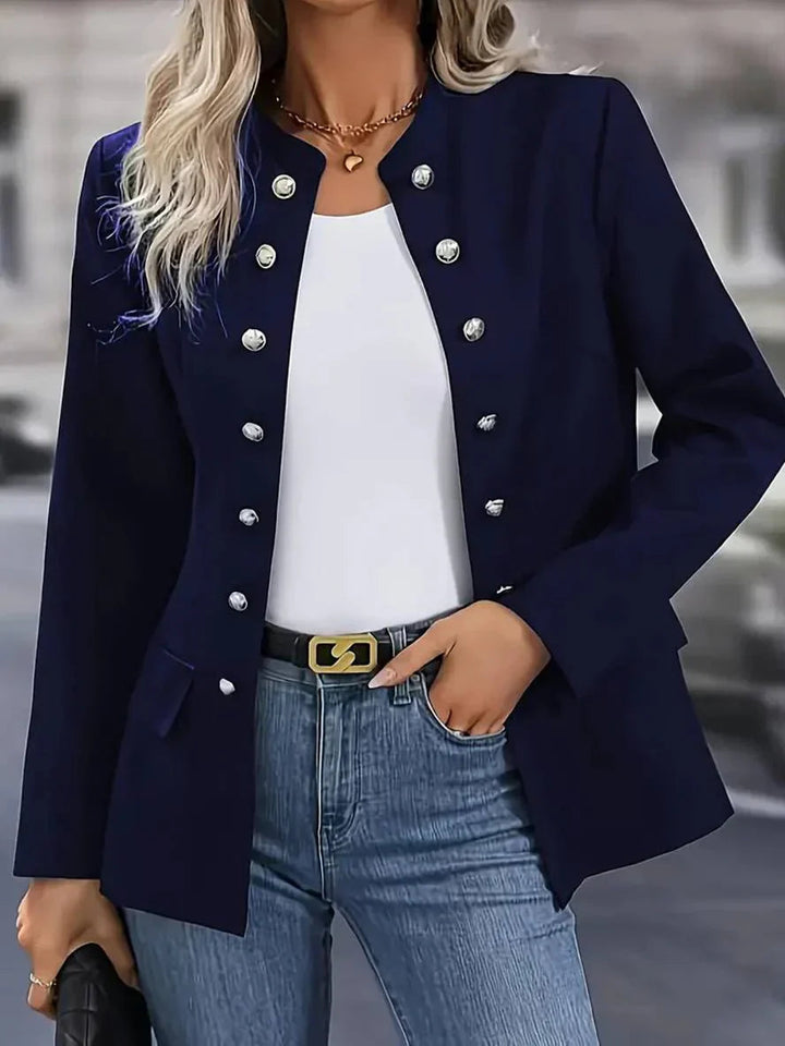 White military style long sleeve button-down blouse for women, elegant and casually chic.