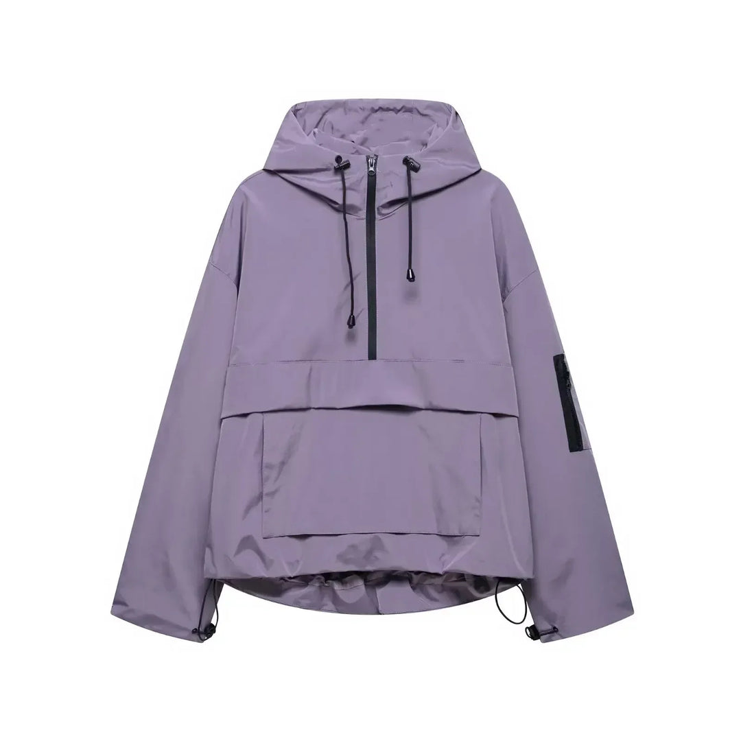 Minimalist women's winter coat with hood, black, durable fabric for skiing and cold weather protection.