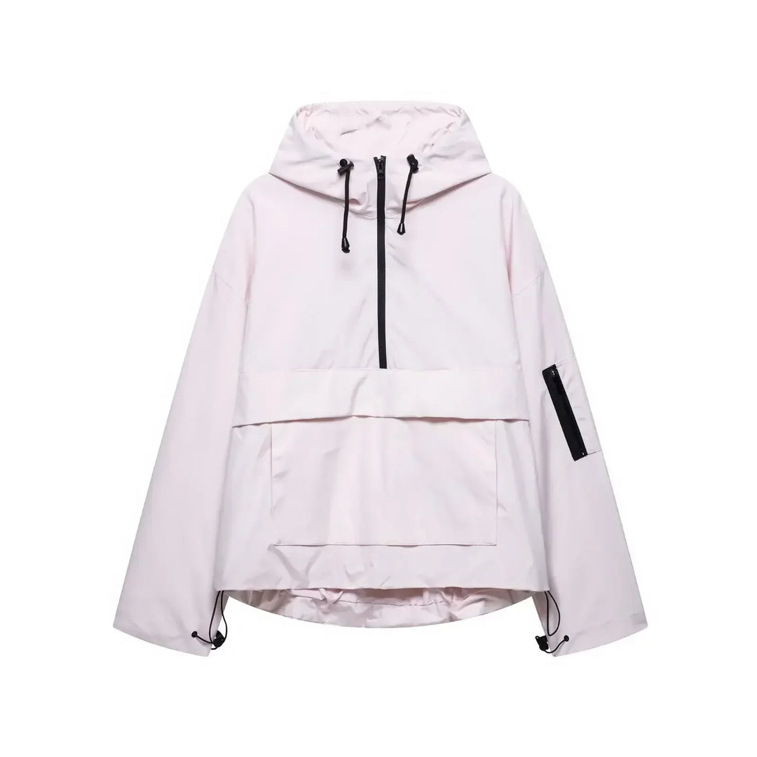 Women's ski jacket, hooded, minimalist style, providing warmth and comfort in winter conditions.