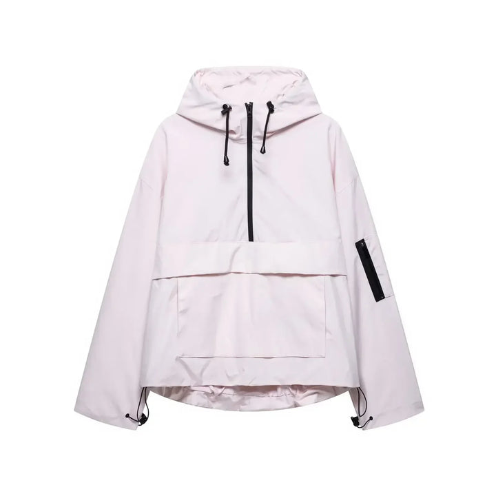 Women's ski jacket, hooded, minimalist style, providing warmth and comfort in winter conditions.