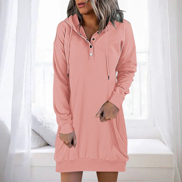 Relaxed long women's hoodie, minimalist design, perfect for comfortable casual wear and versatile styling.