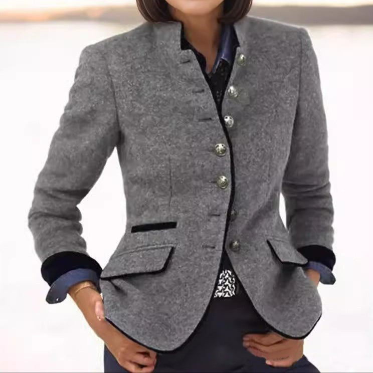 Chic women's single-breasted blazer with a stylish stand collar for versatile layering & elegant fashion.