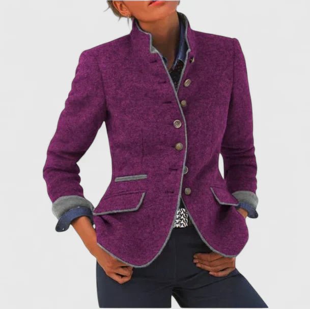 Professional women's stand-collar tailored jacket, a modern single-breasted design for office elegance.