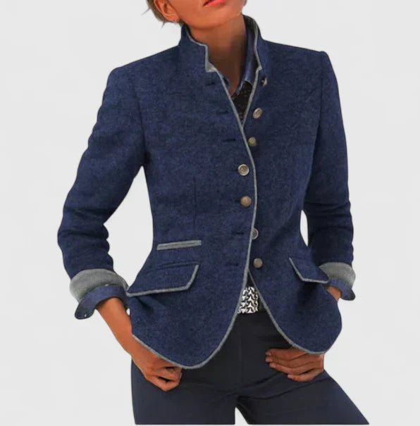 Tailored women's stand-collar blazer. This chic single-breasted jacket offers a sleek, modern office style.