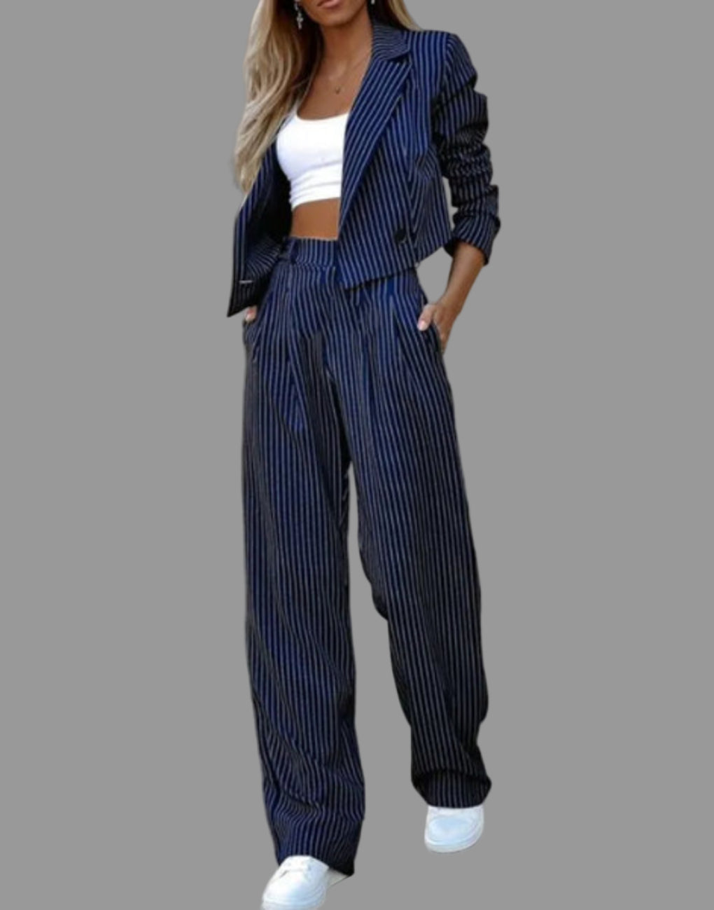 Elegant women's dark blue modern suit set, a professional two-piece outfit ideal for work attire & formal events.