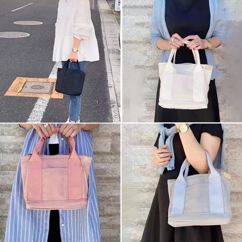 Women's multi-pocket canvas handbag, perfect for work or casual outings, seen from above