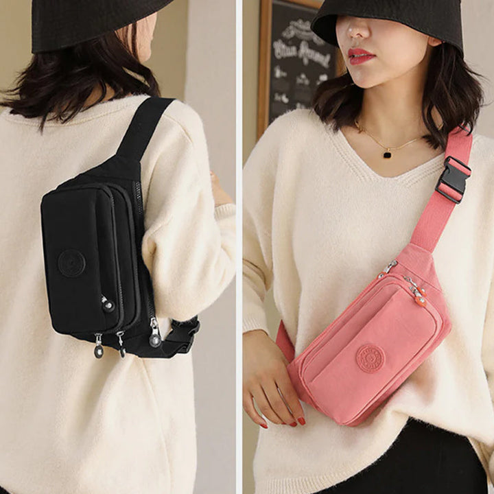 Women's multi-pocket lightweight nylon crossbody bag in black, perfect for travel & casual use