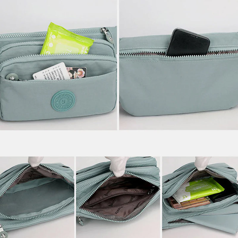 Versatile women's multi-pocket nylon waistbag, convertible to a crossbody for travel
