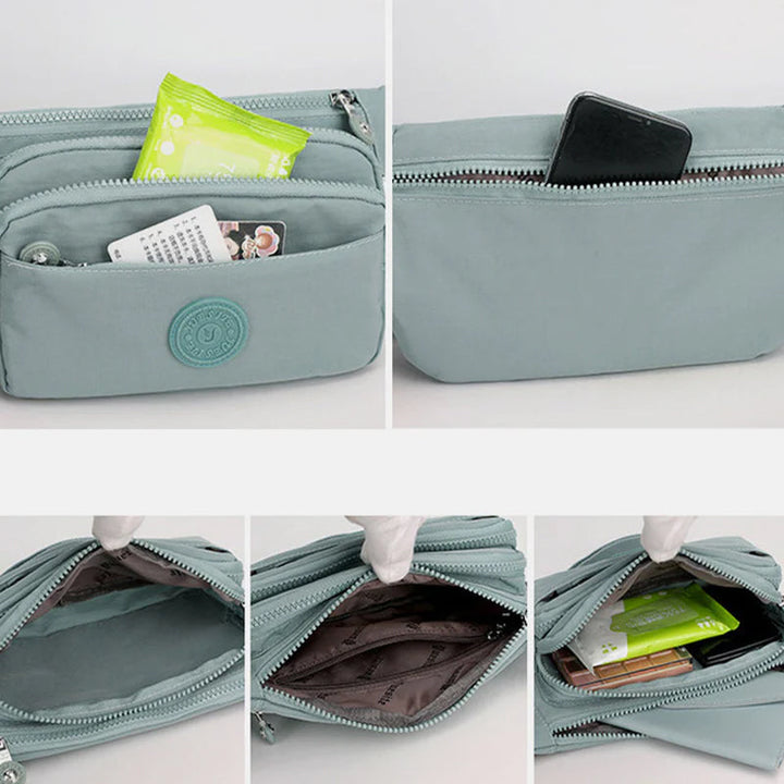 Versatile women's multi-pocket nylon waistbag, convertible to a crossbody for travel