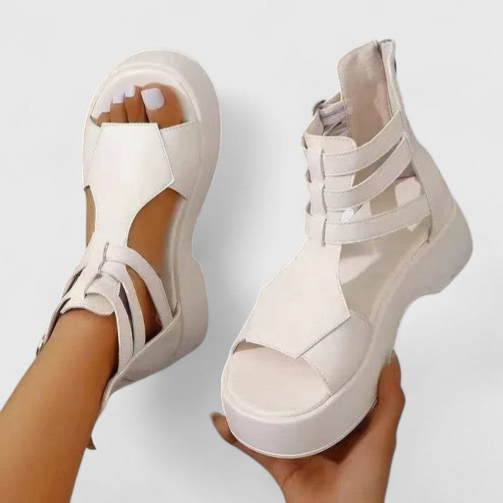 Elegant multi-strap women's platform sandals with orthopedic comfort, arch support, and posture alignment.
