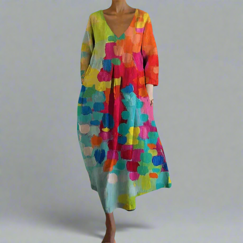 Women's multicolor abstract print maxi dress with V-neck & 3/4 sleeves. Flowy boho summer dress.