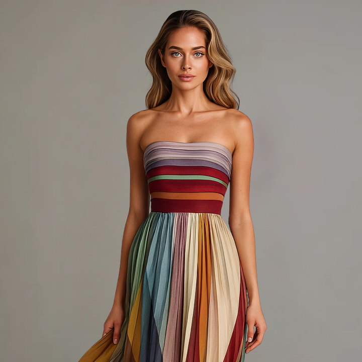 Elegant women's strapless colorblock pleated maxi dress, perfect for formal parties & evening events.