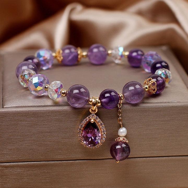 Amethyst gemstone bracelet, water drop charm, women's crystal jewelry, thoughtful gift