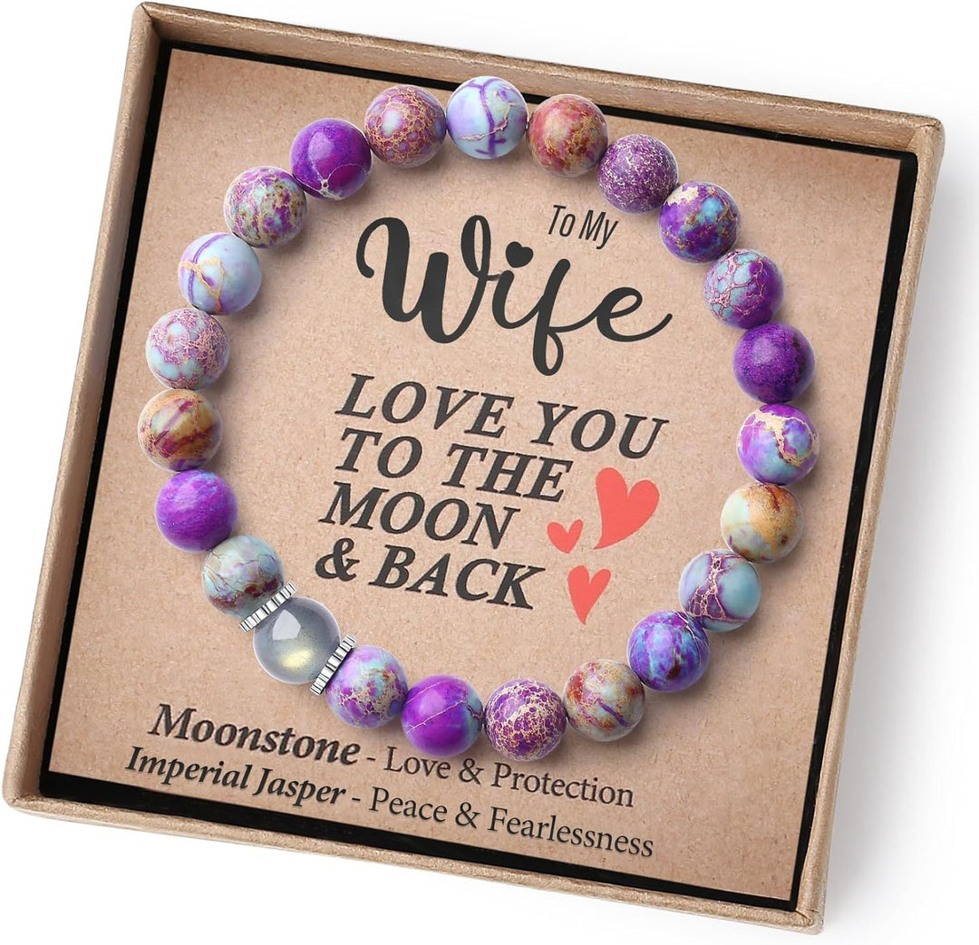 Women's natural moonstone & jasper gemstone healing energy stretch bracelet