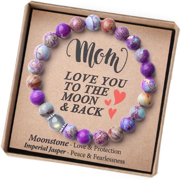 Stack of women's natural gemstone bracelets, featuring moonstone and jasper
