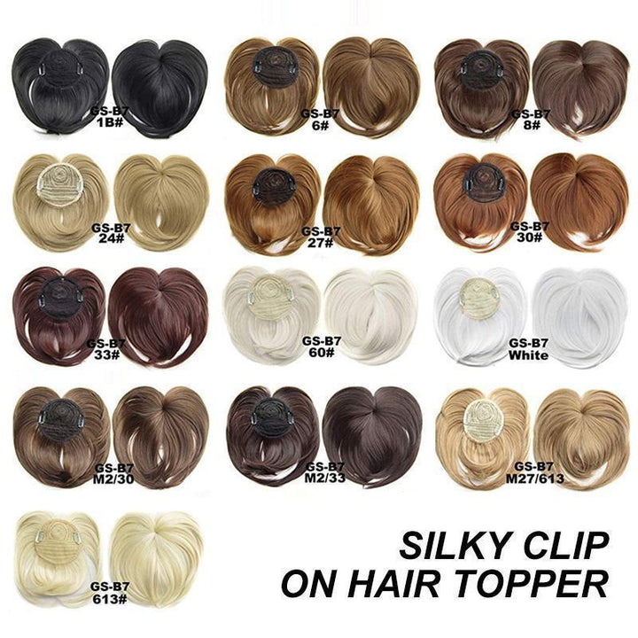 Women's natural short hair topper for thinning hair, adds volume and covers gray with synthetic fibers
