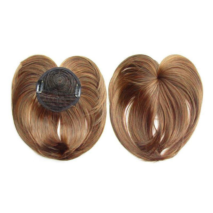 Short layered hair topper for women, natural color, provides volume for thinning hair, easy clip-in solution