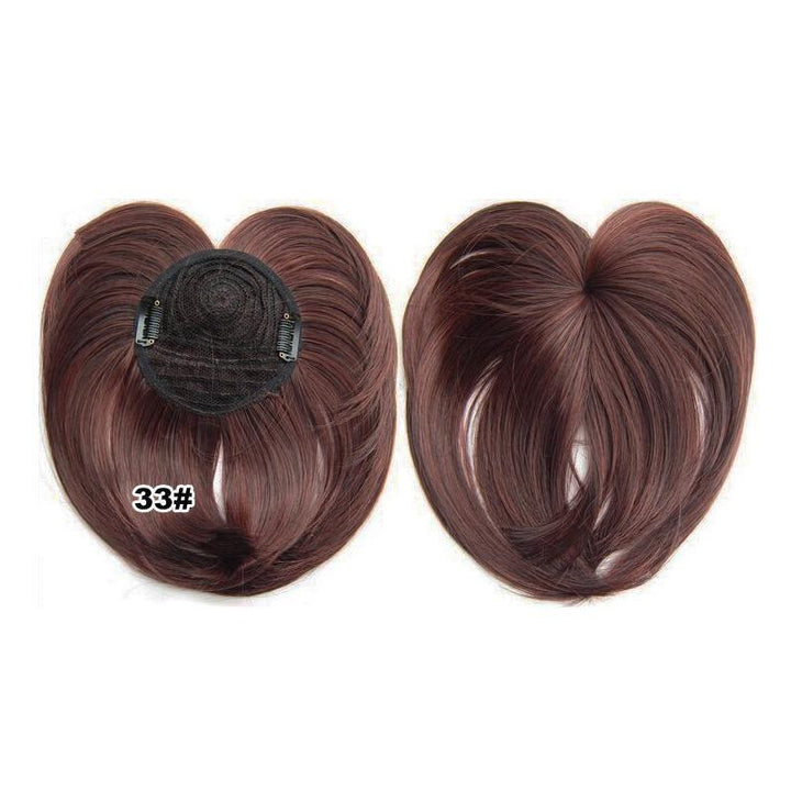 Stylish women's short hair topper, seamlessly blends with natural hair, provides gray coverage