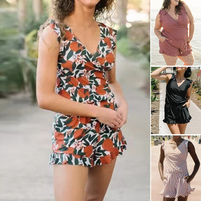 Women's striped swim romper, quick-dry polyester, built-in bra, a chic option for summer swimwear.