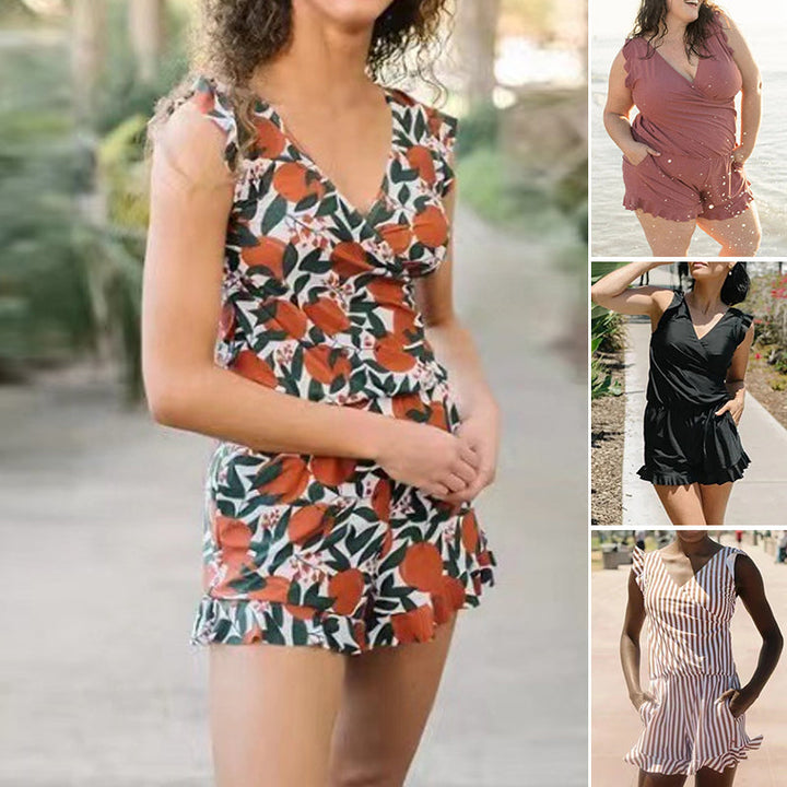 Women's striped swim romper, quick-dry polyester, built-in bra, a chic option for summer swimwear.