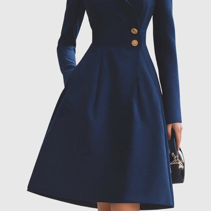 Formal women's navy tailored long-sleeve midi coat dress, perfect for workwear, events, or a sophisticated look.
