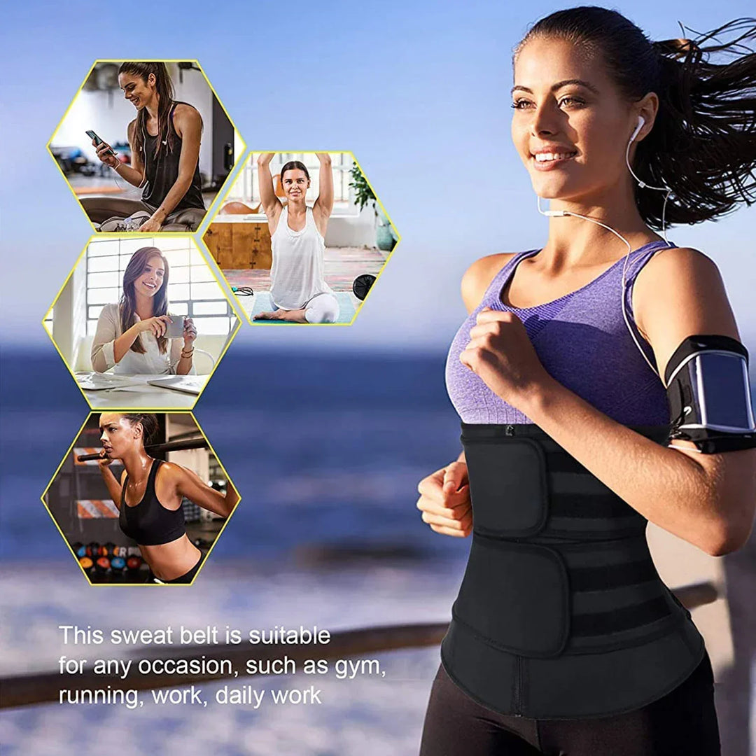 Women's active wear waist trainer exercise aid, boosting sweat, slimming & core stability for fitness.