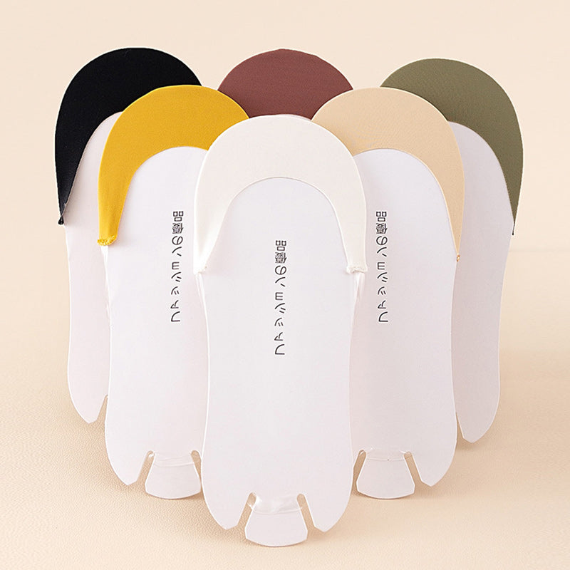 Packaging of women's no-show toe topper slingback socks, highlighting key features