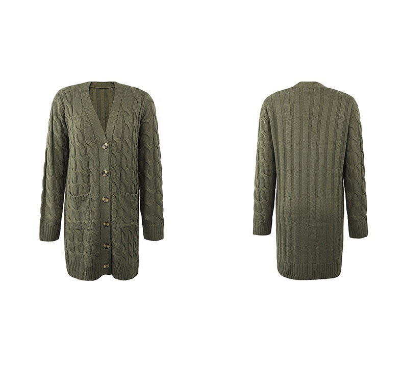 Noelle women's cozy knitted cardigan, perfect for fall fashion, featuring deep pockets & a button-down design.