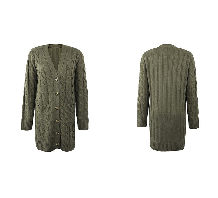 Noelle women's cozy knitted cardigan, perfect for fall fashion, featuring deep pockets & a button-down design.