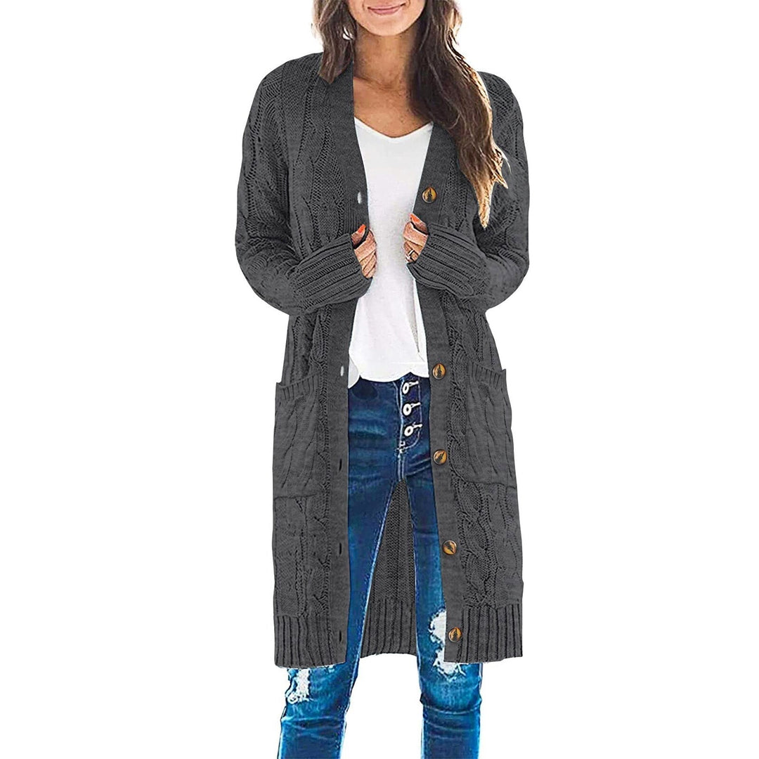 Stylish women's Noelle long knitted cardigan, a cozy fall fashion staple with convenient pockets.