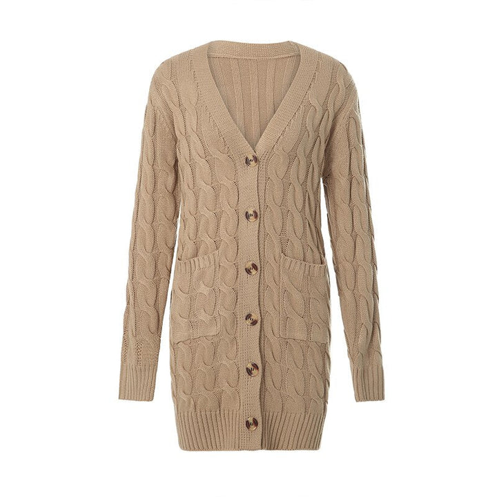 Noelle women's stylish long knitted cardigan, designed with handy pockets for essential storage.