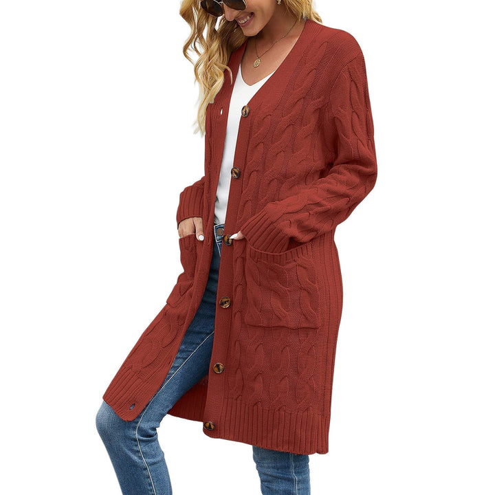Fall fashion Noelle women's knitted cardigan, long and cozy with practical pockets and button closure.