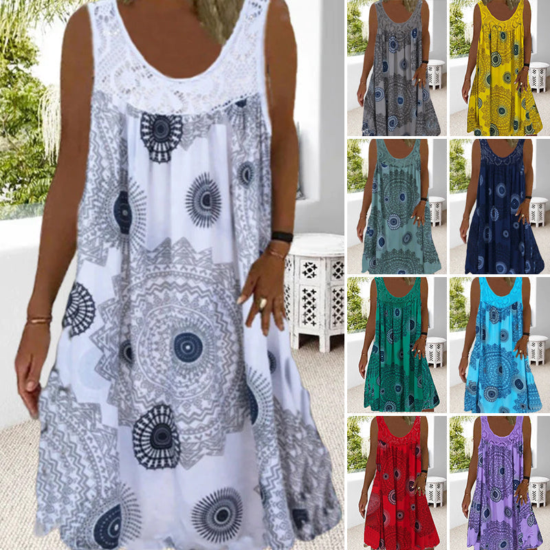 Stylish women's sleeveless maxi dress with a vibrant floral print and O-neckline