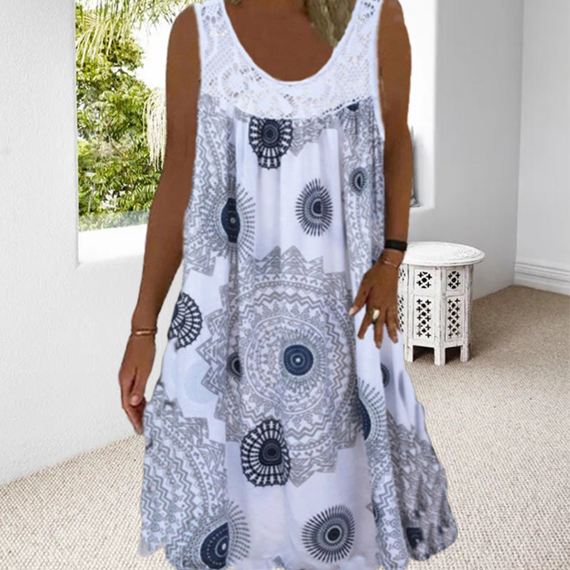 Breathable floral print maxi dress, sleeveless O-neck, women's summer style