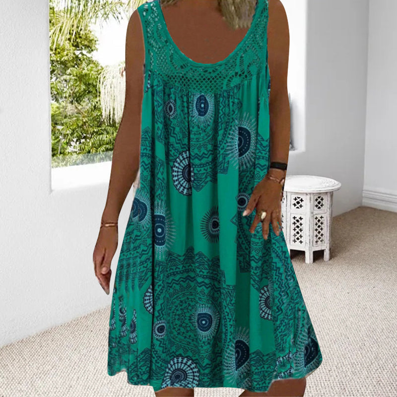 Classic O-neck sleeveless floral print maxi dress, timeless women's fashion piece