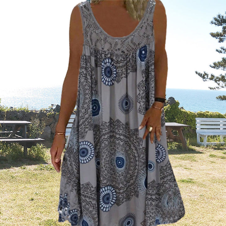 Long sleeveless floral dress for women, described as an O-neck maxi style