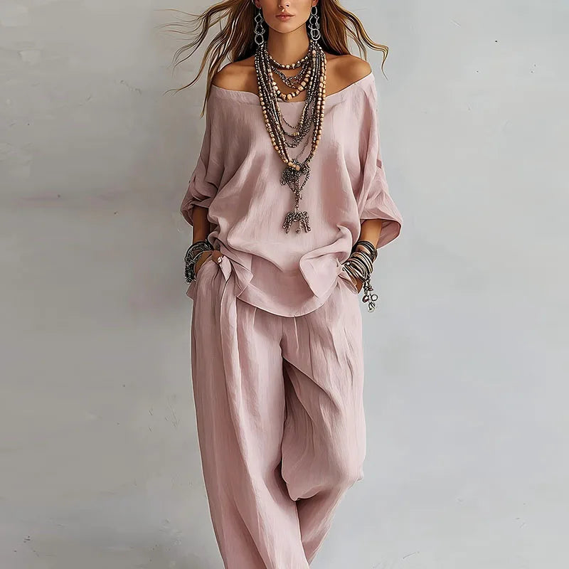 Women's off-shoulder co-ord set with wide-leg pants. Perfect for comfortable casual wear & summer fashion.