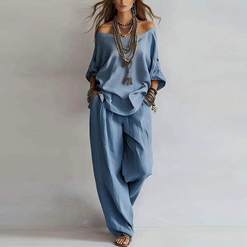Effortless off-shoulder women's co-ord set. Casual two-piece with wide leg pants, ideal for summer comfort.