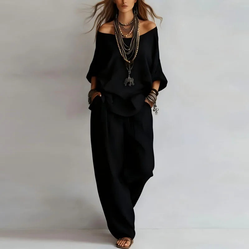Versatile women's off-shoulder co-ord set, a comfortable two-piece with wide leg pants perfect for summer fashion.