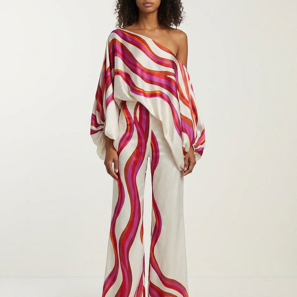 Women's Off-Shoulder Summer Two-Piece Set with a vibrant print. Perfect for casual wear.