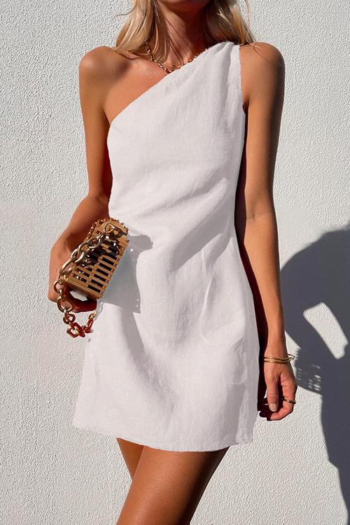 Sleeveless one-shoulder women's mini dress with draped detail, a chic & comfortable casual summer style.