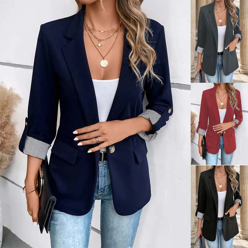 Women's open front blazer with stylish striped cuffs. Perfect for smart casual or office wear.
