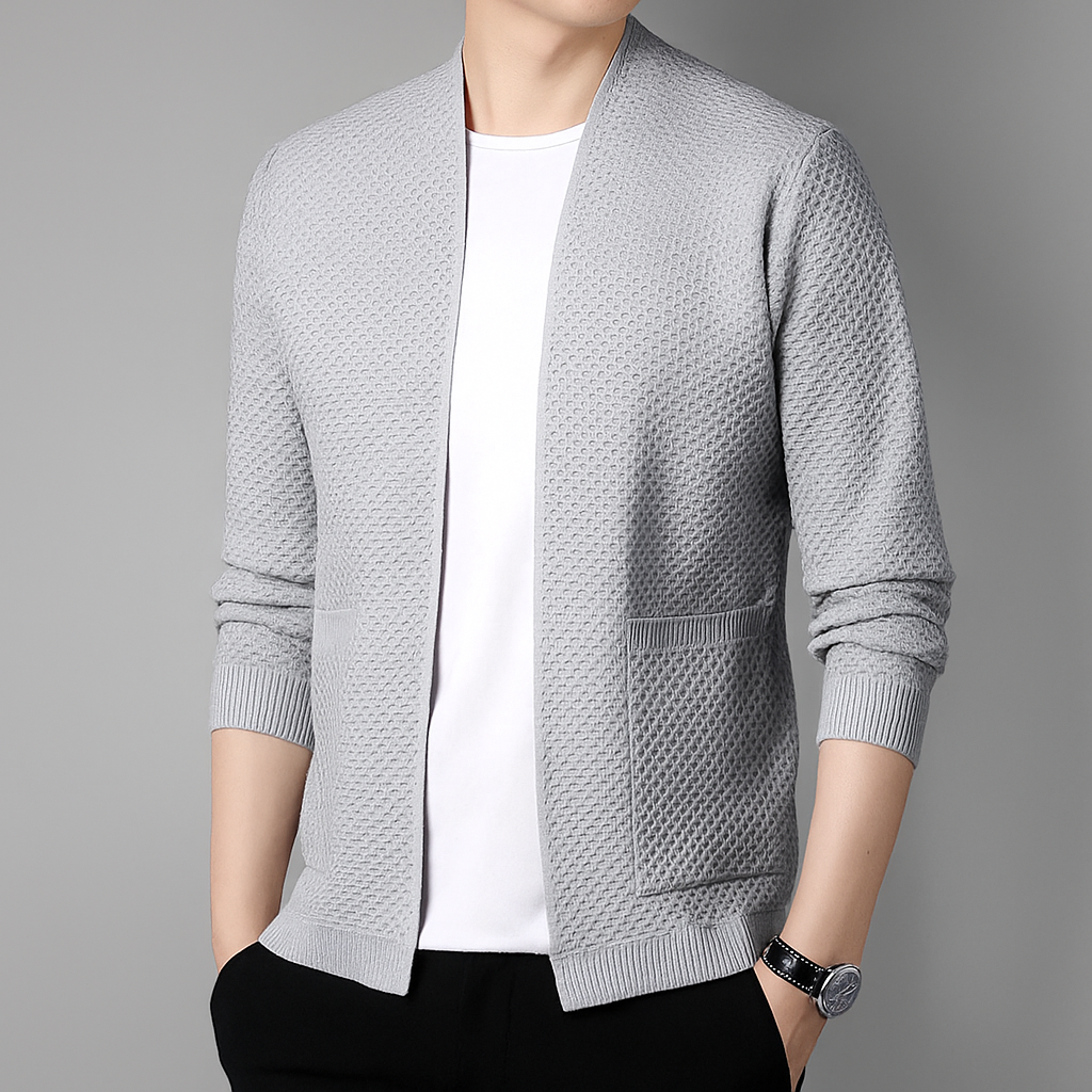 Women's open-front midweight knit cardigan in black with pockets and ribbed trim, perfect for fall.
