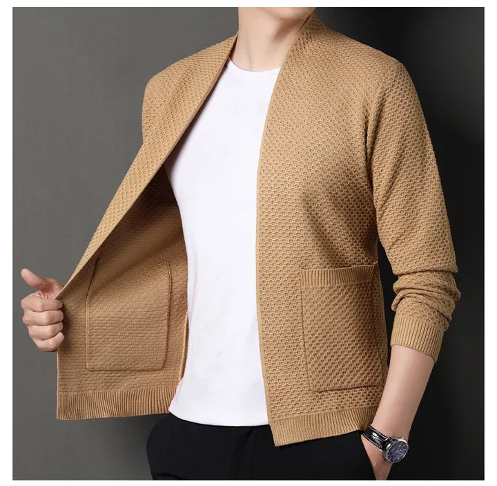 Texture swatch of the midweight knit fabric used in the women's open-front cardigan.