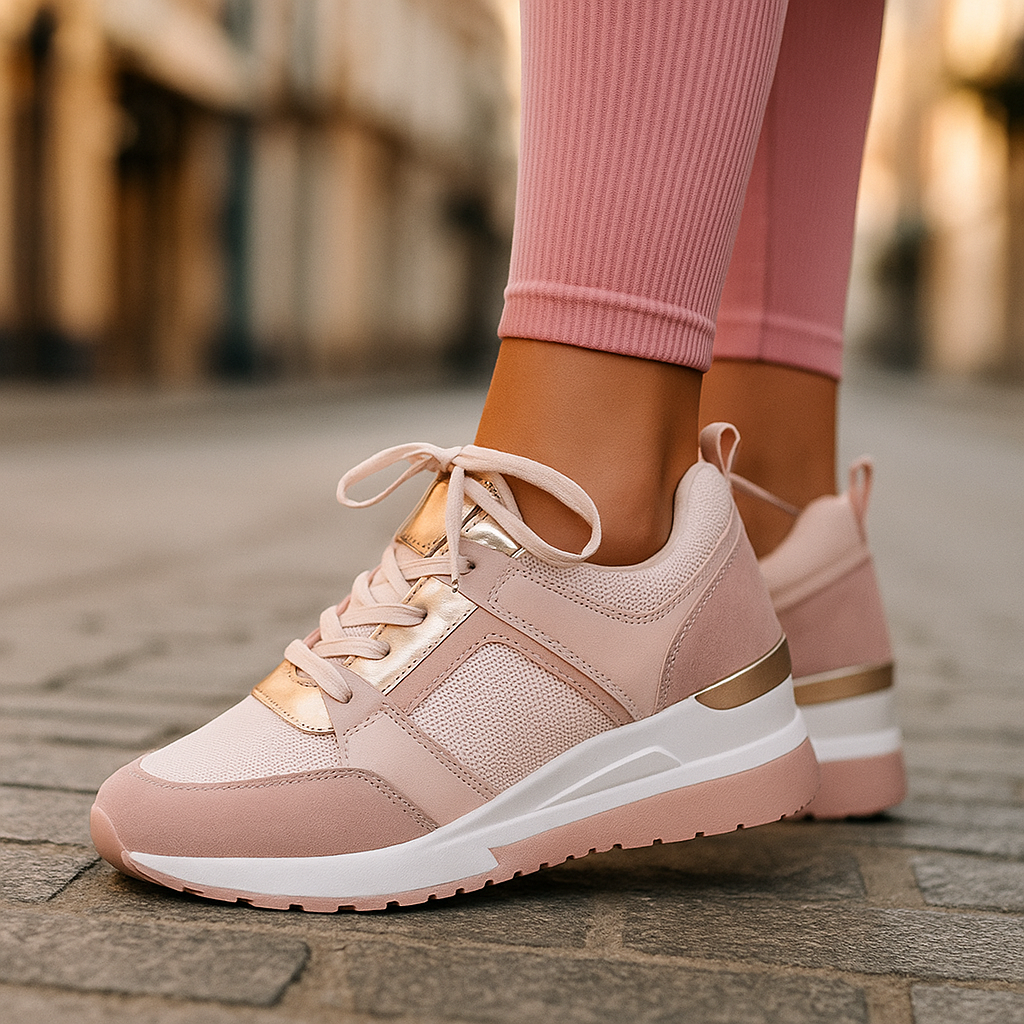 Breathable women's fashion sneakers in silver, designed for ultimate comfort and support, wedge heel.