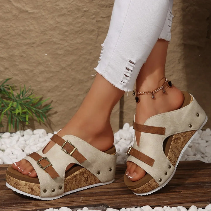 Close-up of the dual buckle detail on women's orthopedic slip-on sandals