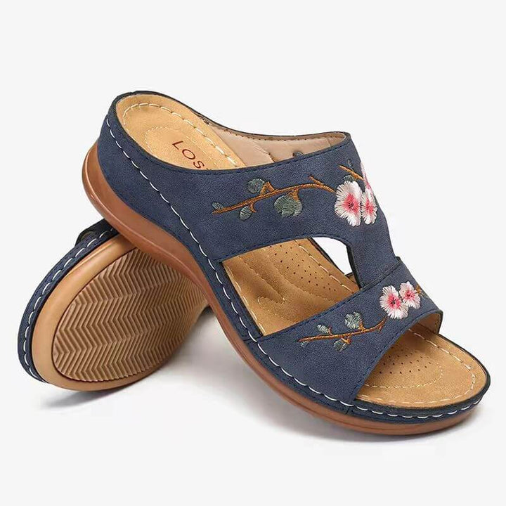 Ladies' arch support sandals, floral orthopedic design, great for summer posture.