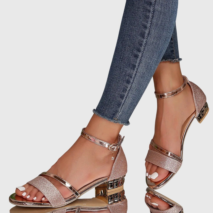 Women's heeled sandals, brown, with essential arch support for casual wear & all-day comfort.