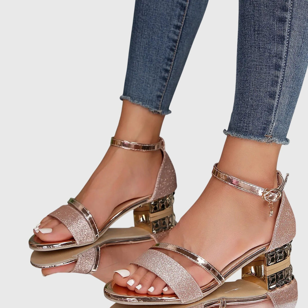 Elegant women's heeled sandals, silver, with adjustable straps & orthopedic features for pain relief.
