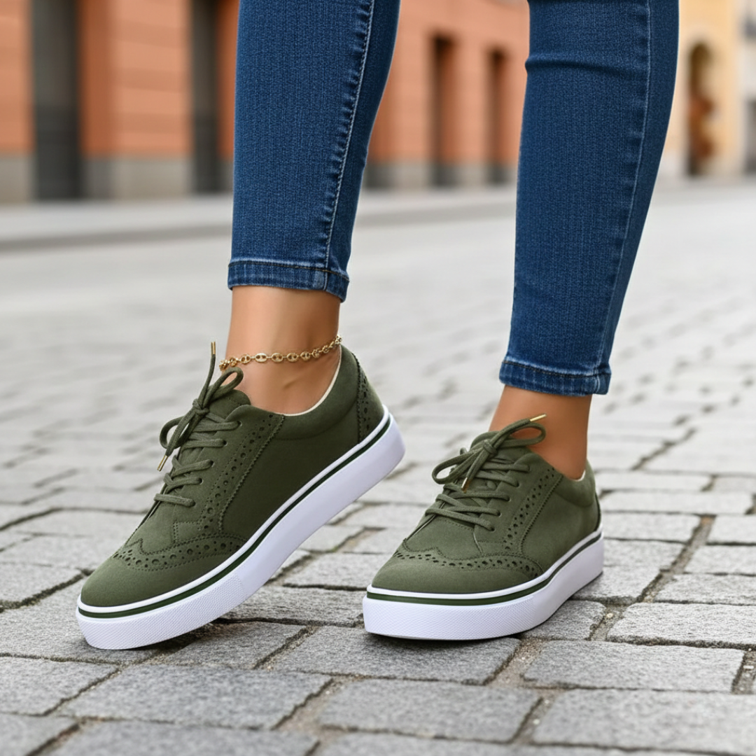 Lace-up women's low-top comfort sneakers, providing orthopedic support for comfortable walking.